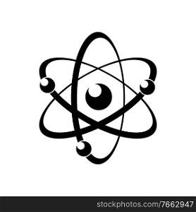 Atomic energy symbol black vector icon. Chemical reaction sign. Electrons moving on orbits minimal illustration. Atomic energy concept. Nuclear reaction model silhouette isolated on white background. Atomic energy symbol black vector icon