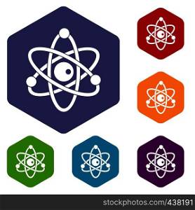 Atomic model icons set hexagon isolated vector illustration. Atomic model icons set hexagon