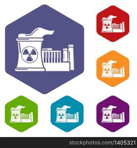 Atomic reactor icons vector colorful hexahedron set collection isolated on white. Atomic reactor icons vector hexahedron
