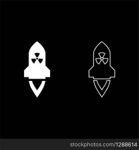 Atomic rocket flying Nuclear missile weapons Radioactive bomb Military concept icon outline set white color vector illustration flat style simple image. Atomic rocket flying Nuclear missile weapons Radioactive bomb Military concept icon outline set white color vector illustration flat style image