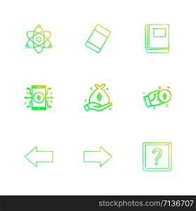 atoms , eraser ,book , question mark , right , left , arrow , direction , crypto currency , icon, vector, design, flat, collection, style, creative, icons