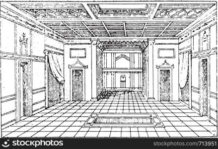 Atrium of the house of Sallust, vintage engraved illustration. Private life of Ancient-Antique family-1881.