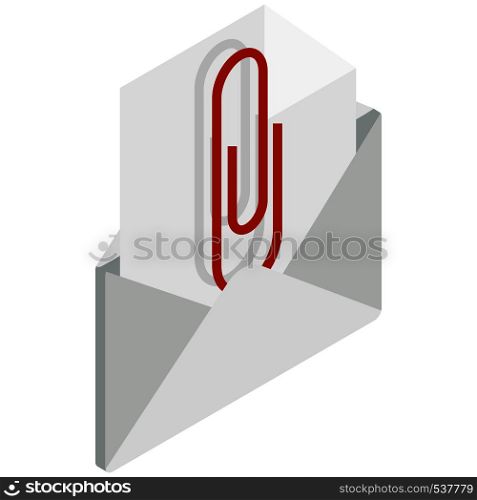 Attached document to email icon in isometric 3d style on white background. Attached document to email icon