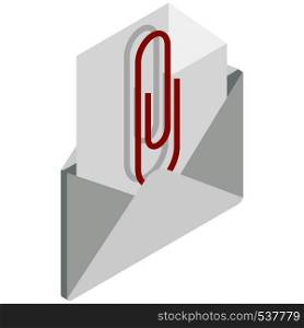 Attached document to email icon in isometric 3d style on white background. Attached document to email icon