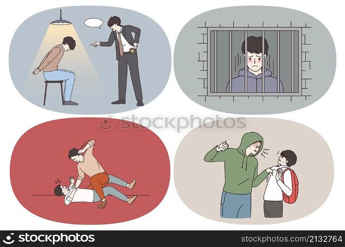 Attack crime and punishment concept. Set of criminals thieves robbers attacking people getting arrested in jail abusing people victims hitting them back trying to self defend vector illustration. Attack crime and punishment concept