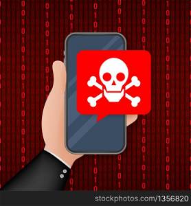 Attack. Smartphone with speech bubble and skull and crossbones on screen. Threats, mobile malware, spam messages. Vector stock illustration. Attack. Smartphone with speech bubble and skull and crossbones on screen. Threats, mobile malware, spam messages. Vector stock illustration.