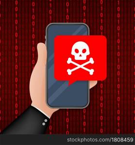 Attack. Smartphone with speech bubble and skull and crossbones on screen. Threats, mobile malware, spam messages. Vector stock illustration. Cyber attack. Data Phishing with fishing hook, laptop, internet security. Vector stock illustration.