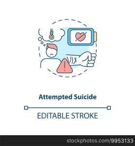 Attempted suicide concept icon. Psychological trauma, suffering. Self inflicted harm. Mental health issue idea thin line illustration. Vector isolated outline RGB color drawing. Editable stroke. Attempted suicide concept icon