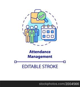 Attendance management concept icon. Tracking discipline at work. Control productivity. Employee monitoring abstract idea thin line illustration. Vector isolated outline color drawing. Editable stroke. Attendance management concept icon