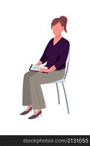 Attendant sitting on chair semi flat color vector character. Sitting figure. Full body person on white. Listening to lecture isolated modern cartoon style illustration for graphic design and animation. Attendant sitting on chair semi flat color vector character