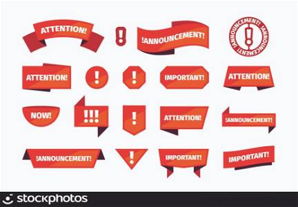 Attention banners. Announcement red stamps for priority ads sales notices badges for different messages garish vector templates set. Illustration of important isolated banner, attention information. Attention banners. Announcement red stamps for priority ads sales notices badges for different messages garish vector templates set