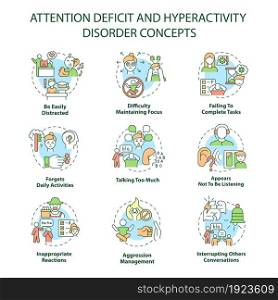 Attention deficit and hyperactivity disorder concept icons set. Be easily distracted idea thin line color illustrations. Difficulty maintaining focus. Vector isolated outline drawings. Editable stroke. Attention deficit and hyperactivity disorder concept icons set