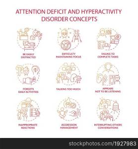 Attention deficit and hyperactivity disorder concept icons set. Emotions management idea thin line color illustrations. Forgets deadlines. Inappropriate reactions. Vector isolated outline drawings. Attention deficit and hyperactivity disorder concept icons set