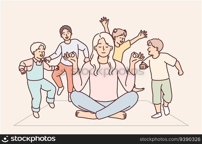 Attention-deficit children jump around meditating mother because of hyperactivity disorder and desire to play. Woman meditating doing yoga and resting due to child-rearing fatigue.. Attention-deficit children jump around meditating mother because of hyperactivity disorder