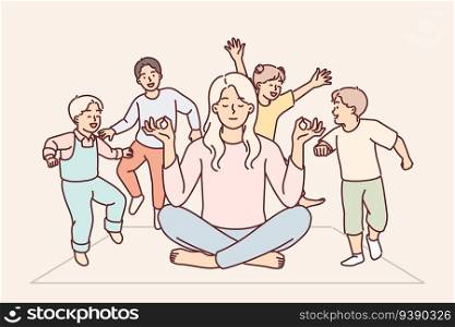 Attention-deficit children jump around meditating mother because of hyperactivity disorder and desire to play. Woman meditating doing yoga and resting due to child-rearing fatigue.. Attention-deficit children jump around meditating mother because of hyperactivity disorder