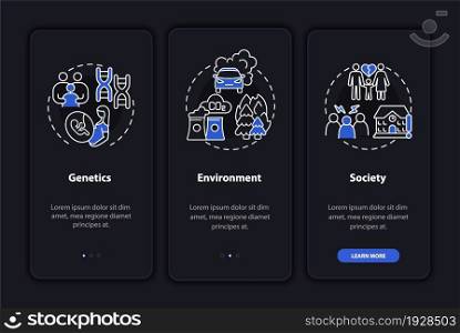 Attention deficit disorder causes onboarding mobile app page screen. Genetics walkthrough 3 steps graphic instructions with concepts. UI, UX, GUI vector template with linear night mode illustrations. Attention deficit disorder causes onboarding mobile app page screen