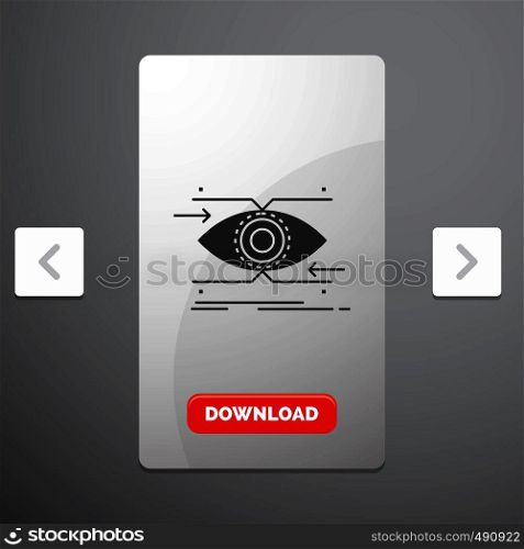 attention, eye, focus, looking, vision Glyph Icon in Carousal Pagination Slider Design & Red Download Button. Vector EPS10 Abstract Template background