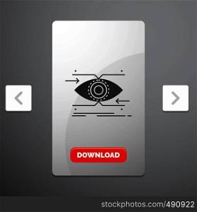 attention, eye, focus, looking, vision Glyph Icon in Carousal Pagination Slider Design & Red Download Button. Vector EPS10 Abstract Template background