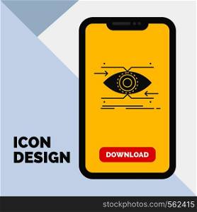 attention, eye, focus, looking, vision Glyph Icon in Mobile for Download Page. Yellow Background. Vector EPS10 Abstract Template background