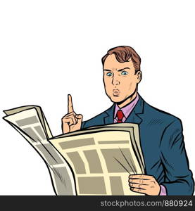 attention. man reading a newspaper. Pop art retro vector illustration drawing. attention. man reading a newspaper