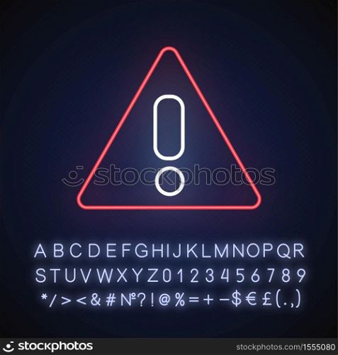 Attention neon light icon. Safe driving, traffic rules, transport safety regulations. Outer glowing effect. Sign with alphabet, numbers and symbols. Vector isolated RGB color illustration. Attention neon light icon