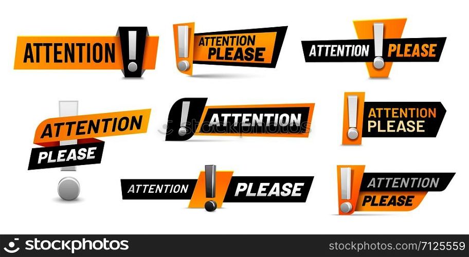 Attention please badges. Important message, warnings frames with exclamation point and black and yellow attention badge. Important word, danger announcements information. Isolated vector icons set. Attention please badges. Important message, warnings frames with exclamation point and black and yellow attention badge vector set
