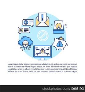 Attention scam article page vector template. Fraud warning brochure, magazine, booklet design element with linear icons. Stealing info. Internet crime. Print design. Concept illustrations with text