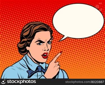 Attention serious girl pop art retro style. Angry retro lady. Beautiful girl angry. Woman pointing finger. Attention serious girl