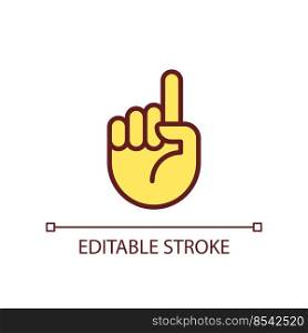 Attention sign pixel perfect RGB color icon. Raised up index finger. Informative hand gesture. Isolated vector illustration. Simple filled line drawing. Editable stroke. Arial font used. Attention sign pixel perfect RGB color icon