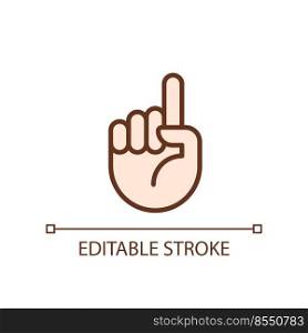 Attention sign pixel perfect RGB color icon. Raised up index finger. Informative hand gesture. Isolated vector illustration. Simple filled line drawing. Editable stroke. Arial font used. Attention sign pixel perfect RGB color icon