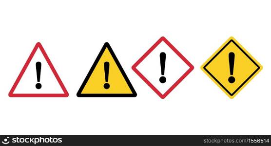 Attention sign with exclamation point icon. Set of exclamation mark in road signs. Symbol dangerously isolated on white background.. Attention sign with exclamation point icon. Set of exclamation mark in road signs.