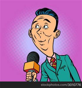 attentive interested curious reporter correspondent journalist male. television and radio, Internet broadcasting. Comic book cartoon pop art retro vector illustration drawing. attentive interested curious reporter correspondent journalist m