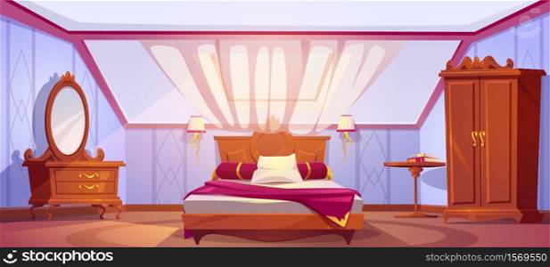 Attic bedroom or guest room interior with uncovered bed, wardrobe, dressing table, mirror and curtained window. Cozy loft hotel apartment, mansard floor with sloping roof cartoon vector illustration. Attic bedroom or guest room interior mansard floor