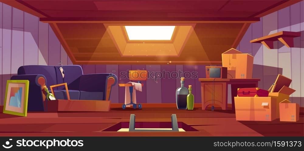 Attic room with ladder in hatch, old things, roof window and furniture. Discreet garret place with antique radio, sofa, carton boxes, wine bottles, table and suitcase. Cartoon vector illustration. Attic room with ladder in hatch, old things window