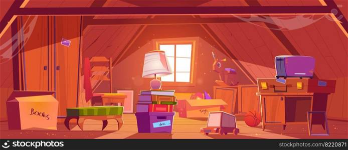 Attic room with old things, garret on roof with window and furniture. Discreet place with carton boxes, kids toys, toaster and couch with books and wardrobe, ball and l&. Cartoon vector illustration. Attic room with old things, garret on roof, window