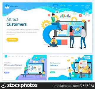 Attract customers analysis of consumer demand feedback from users vector. People working on laptops to increase popularity of website? social media. Attract Customers Analysis of Consumer Demand ?