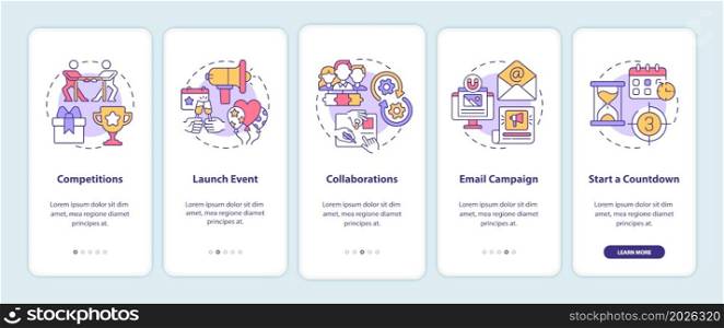 Attracting attention to business tips onboarding mobile app page screen. Startup walkthrough 5 steps graphic instructions with concepts. UI, UX, GUI vector template with linear color illustrations. Attracting attention to business tips onboarding mobile app page screen