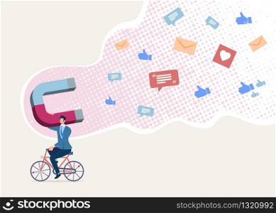 Attracting Audience with Magnetic Marketing, Collecting Clients Feedback in Social Networks Flat Vector Concept. Businessman Riding Bicycle with Magnet on Shoulder, Pull Messages Behind Illustration