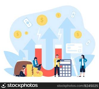 Attracting investment, wealth magnet. Woman earning money on computer, man with calculator count loan. Financial attract, recent business vector scene of business wealth income and profit illustration. Attracting investment, wealth magnet. Woman earning money on computer, man with calculator count loan. Financial attract, recent business vector scene