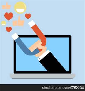Attracting social media followers. Hand hold magnet from laptop. Attract content and followers, c&aign strategy media, feedback from audience. Vector illustration. Attracting social media followers. Hand hold magnet