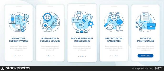 Attracting top clients blue onboarding mobile app page screen. Employees hunting walkthrough 5 steps graphic instructions with concepts. UI, UX, GUI vector template with linear color illustrations. Attracting top clients blue onboarding mobile app page screen
