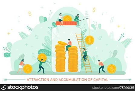 Attraction and accumulation of capital vector, people dealing financial assets and investment in future. Jar with gold dollars and coins of currency. Financial accumulation money in capitalism market. Attraction and Accumulation of Capital, Money