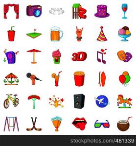 Attraction icons set. Cartoon style of 36 attraction vector icons for web isolated on white background. Attraction icons set, cartoon style