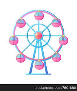 Attraction in amusement park vector, entertainment and leisure at weekends flat style. Isolated ferris wheel steel construction carnival festival. Ferris Wheel at Amusement Park Attraction Vector