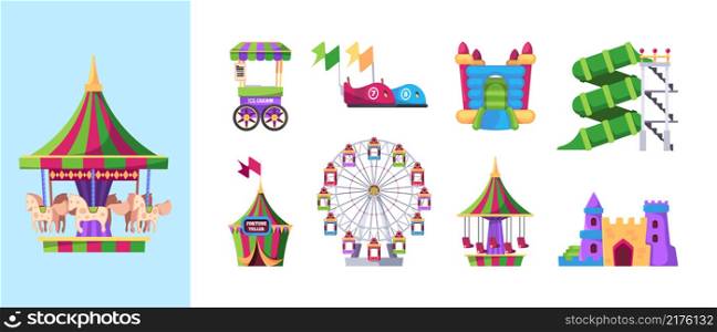 Attraction kids. Amusement park symbols children game machines carousel swing inflatable catapult wheel rides garish vector flat pictures collection. Illustration entertainment and amusement park. Attraction kids. Amusement park symbols children game machines carousel swing inflatable catapult wheel rides garish vector flat pictures collection