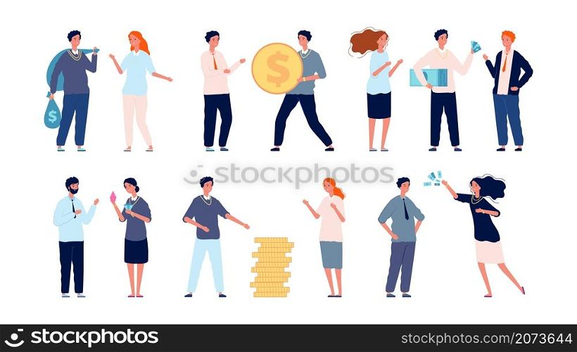 Attraction of investments. Voluntary donations, rich people make profitable contributions vector set. People crowdfunding and charity, money cash donate and invest illustration. Attraction of investments. Voluntary donations, rich people make profitable contributions vector set