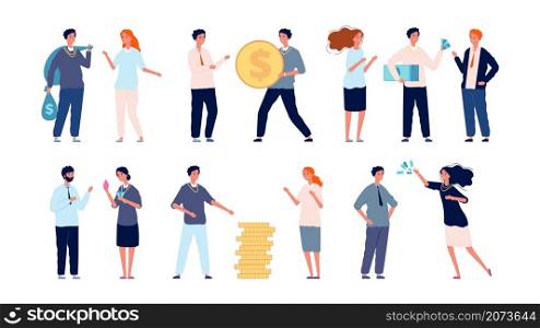 Attraction of investments. Voluntary donations, rich people make profitable contributions vector set. People crowdfunding and charity, money cash donate and invest illustration. Attraction of investments. Voluntary donations, rich people make profitable contributions vector set