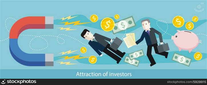 Attraction of investors. Detailed flat horizontal web banner of the drawing two businessmen, which the magnet pulls, on the stylish colored background with piggy, bank notes, coins