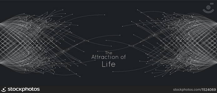 Attraction of life. Vector connecting particle tails. Small particles strive to each other. Blurred debrises into rays or lines under high speed of motion. Burst, explosion backdrop. Attraction of life. Vector connecting particle tails. Small particles strive to each other. Blurred debrises into rays or lines under high speed of motion. Burst, explosion backdrop.