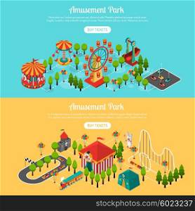Attraction Park 2 Isometric Banners Set. Amusement park 2 isometric interactive horizontal banners set with buy tickets online button abstract isolated vector illustration